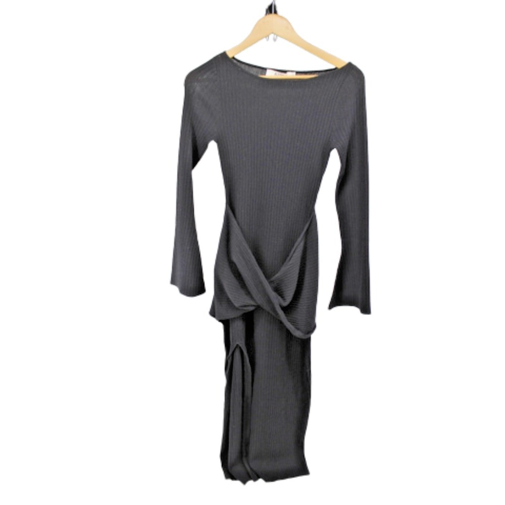 ASTR The Label XS Arwyn‎ Black Ribbed Midi Dress Twist Front Layered Long Sleeve